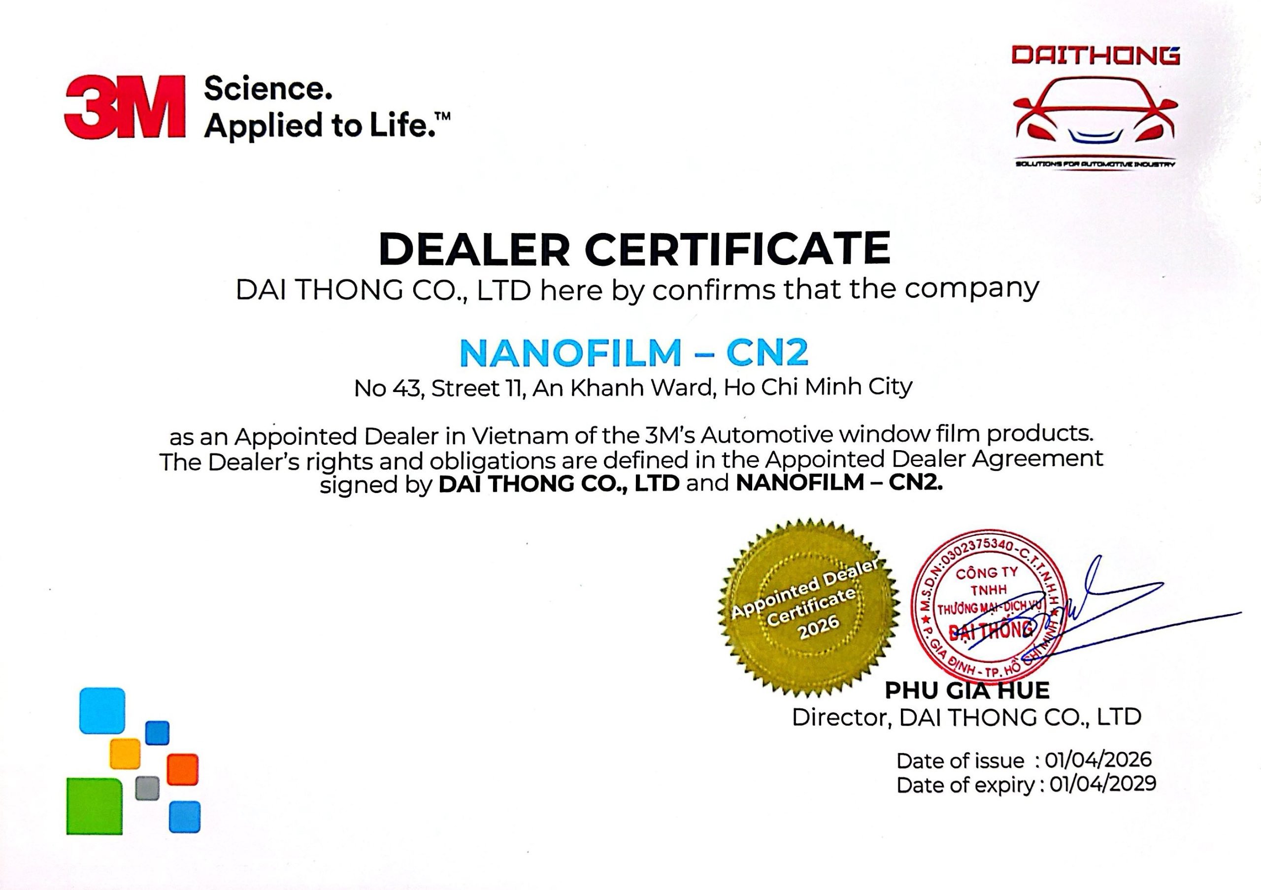 NanoFilm chính thức là đại lý ủy quyền 3M, cam kết chính hãng